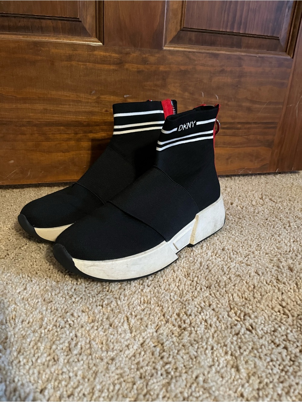 DKNY Black Knit Sock Sneakers with White Platform and Red Heel Tab